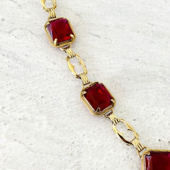 Harry S Bick Ruby Glass Gold Filled Necklace 20 In Vintage Signed Stunner - Picture 5 of 11
